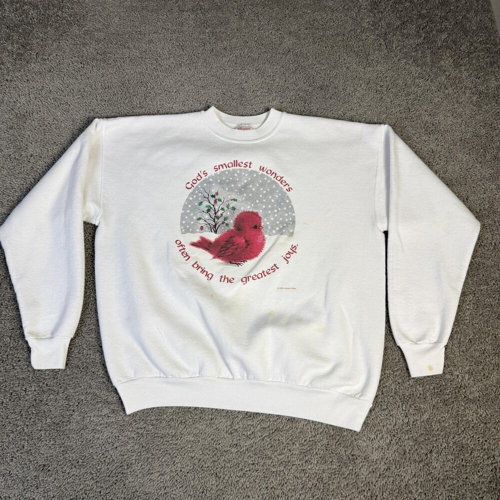Vintage Christmas Bird Sweatshirt Mens Large White Gods Wonders Crewneck 2000s